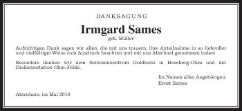 Traueranzeige von Irmgard Sames von Alsfelder Allgemeine
