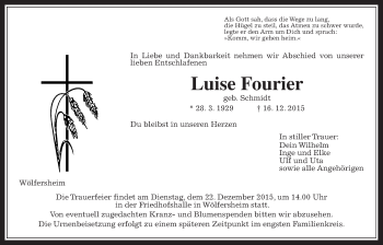 Traueranzeige von Luise Fourier von Wetterauer Zeitung, Wetterauer Zeitung