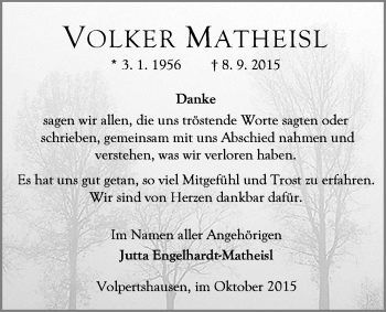 Traueranzeige von Volker Matheisl von Gießener Allgemeine, Alsfelder Allgemeine