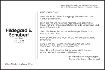 Traueranzeige von Hildegard E. Schubert von Wetterauer Zeitung, Wetterauer Zeitung