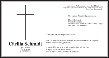 Traueranzeige von Cäcilia Schmidt von Wetterauer Zeitung, Wetterauer Zeitung