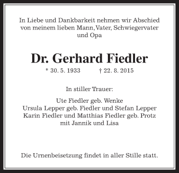 Traueranzeige von Gerhard Fiedler von Gießener Allgemeine, Alsfelder Allgemeine