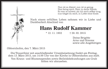 Traueranzeige von Hans Rudolf Kammer von Gießener Allgemeine, Alsfelder Allgemeine, Wetterauer Zeitung, Wetterauer Zeitung