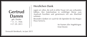 Traueranzeige von Gertrud Damm von Gießener Allgemeine, Alsfelder Allgemeine