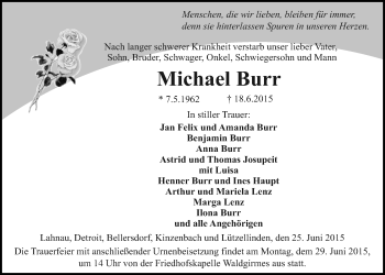 Traueranzeige von Michael Burr von Gießener Allgemeine, Alsfelder Allgemeine