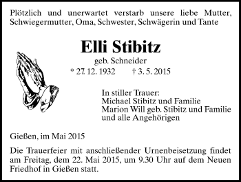 Traueranzeige von Elli Stiebitz von Gießener Allgemeine, Alsfelder Allgemeine
