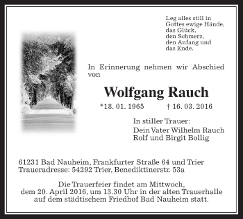 Traueranzeige von Wolfgang Rauch von Wetterauer Zeitung, Wetterauer Zeitung