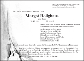 Traueranzeige von Margot Holighaus von Wetterauer Zeitung, Wetterauer Zeitung