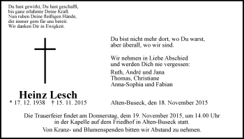Traueranzeige von Heinz Lesch von Gießener Allgemeine, Alsfelder Allgemeine
