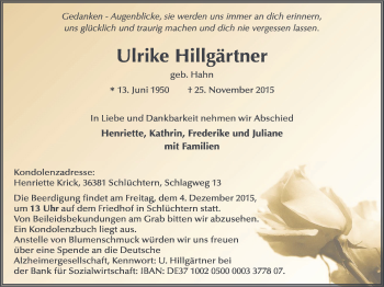 Traueranzeige von Ulrike Hillgärtner von Wetterauer Zeitung, Wetterauer Zeitung