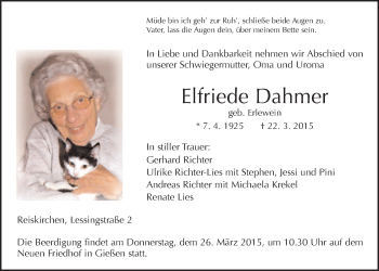 Traueranzeige von Elfriede Dahmer von Gießener Allgemeine, Alsfelder Allgemeine