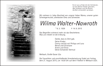 Traueranzeige von Wilma Walter-Nowroth von Wetterauer Zeitung, Wetterauer Zeitung