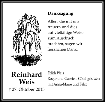 Traueranzeige von Reinhard Weis von Wetterauer Zeitung, Wetterauer Zeitung
