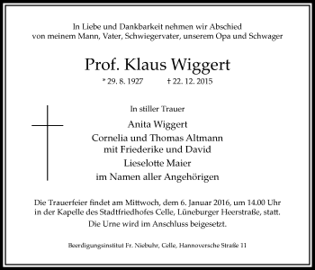 Traueranzeige von Klaus Wiggert von Gießener Allgemeine, Alsfelder Allgemeine