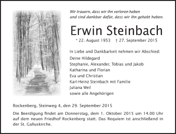 Traueranzeige von Erwin Steinbach von Gießener Allgemeine, Alsfelder Allgemeine