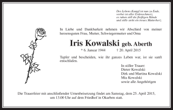 Traueranzeige von Iris Kowalski von Wetterauer Zeitung