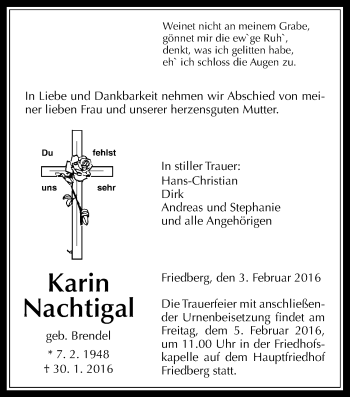 Traueranzeige von Karin Nachtigal von Wetterauer Zeitung, Wetterauer Zeitung