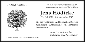 Traueranzeige von Jens Hödicke von Wetterauer Zeitung, Wetterauer Zeitung