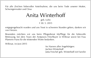 Traueranzeige von Anita Winterhoff von Gießener Allgemeine, Alsfelder Allgemeine