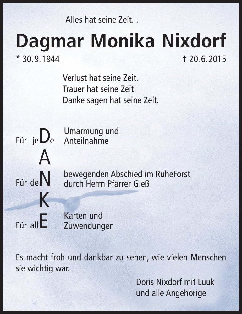  Traueranzeige für Dagmar Monika Nixdorf vom 16.07.2015 aus Licher Wochenblatt, Licher Wochenblatt, Licher Wochenblatt