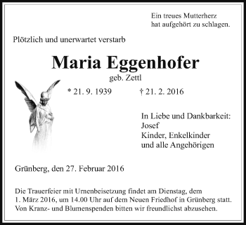 Traueranzeige von Maria Eggenhofer von Gießener Allgemeine, Alsfelder Allgemeine