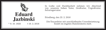 Traueranzeige von Eduard Jazbinski von Wetterauer Zeitung, Wetterauer Zeitung