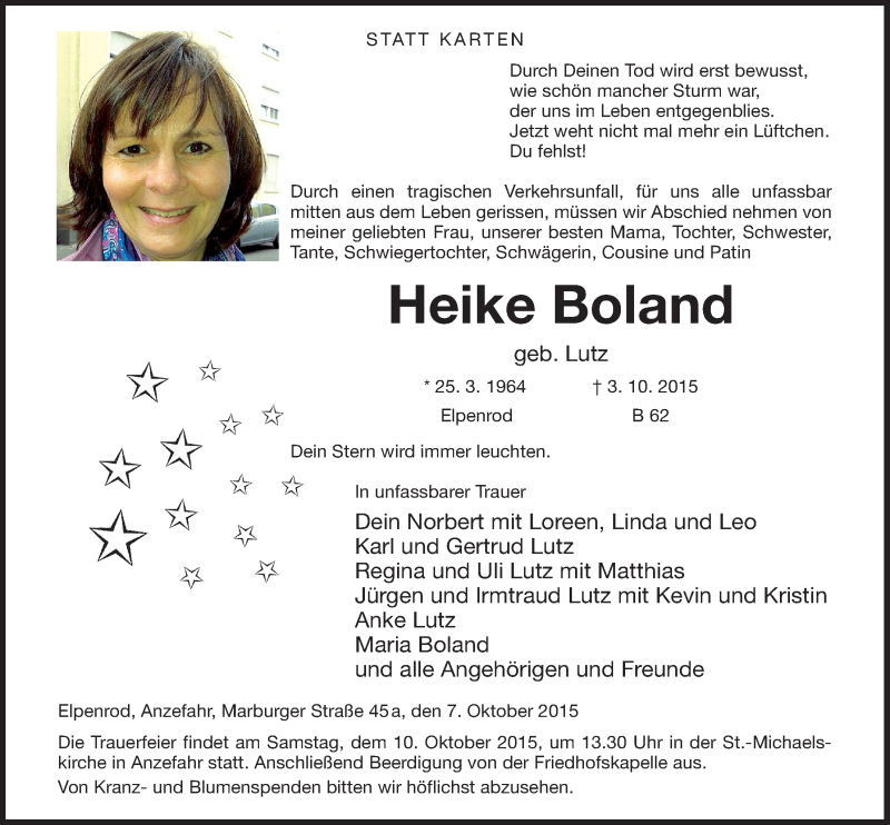  Traueranzeige für Heike Boland vom 07.10.2015 aus Alsfelder Allgemeine