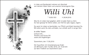 Traueranzeige von Willi Uhl von Wetterauer Zeitung, Wetterauer Zeitung