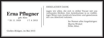 Traueranzeige von Erna Pflugner von Gießener Allgemeine, Alsfelder Allgemeine
