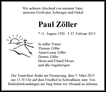 Traueranzeige von Paul Zöller von Wetterauer Zeitung, Wetterauer Zeitung