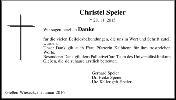 Traueranzeige von Christel Speier von Gießener Allgemeine, Alsfelder Allgemeine