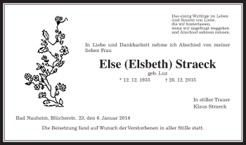 Traueranzeige von Else Straeck von Wetterauer Zeitung, Wetterauer Zeitung