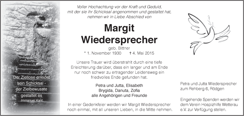  Traueranzeige für Margit Wiedersprecher vom 09.05.2015 aus Wetterauer Zeitung, Wetterauer Zeitung