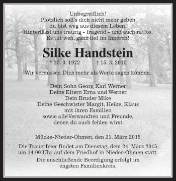 Traueranzeige von Silke Handstein von Gießener Allgemeine, Alsfelder Allgemeine