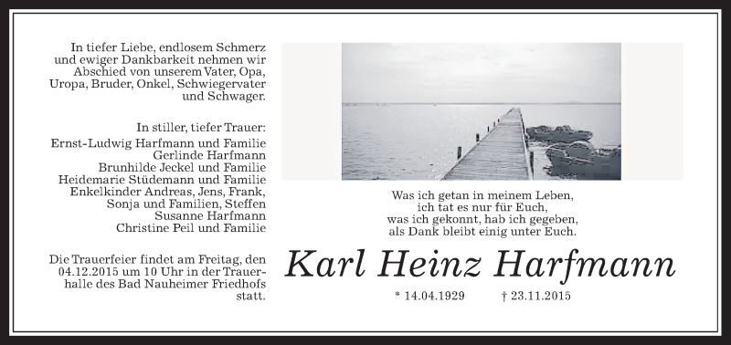  Traueranzeige für Karl Heinz Harfmann vom 30.11.2015 aus Wetterauer Zeitung, Wetterauer Zeitung