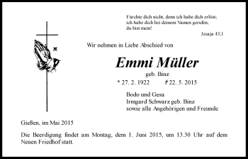 Traueranzeige von Emmi Müller von Gießener Allgemeine, Alsfelder Allgemeine