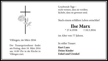 Traueranzeige von Ilse Marx von Licher Wochenblatt, Licher Wochenblatt, Licher Wochenblatt