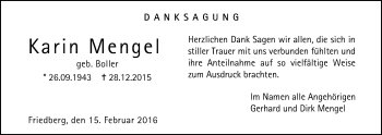 Traueranzeige von Karin Mengel von Wetterauer Zeitung, Wetterauer Zeitung