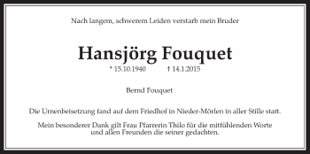 Traueranzeige von Hansjörg Fouquet von Wetterauer Zeitung, Wetterauer Zeitung