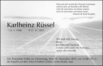 Traueranzeige von Karlheinz Rüssel von Gießener Allgemeine, Alsfelder Allgemeine