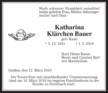 Traueranzeige von Katharina Klärchen Bauer von Gießener Allgemeine, Alsfelder Allgemeine