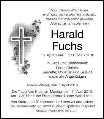 Traueranzeige von Harald Fuchs von Wetterauer Zeitung, Wetterauer Zeitung