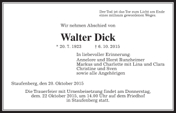 Traueranzeige von Walter Dick von Gießener Allgemeine, Alsfelder Allgemeine