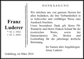 Traueranzeige von Franz Luderer von Gießener Allgemeine, Alsfelder Allgemeine