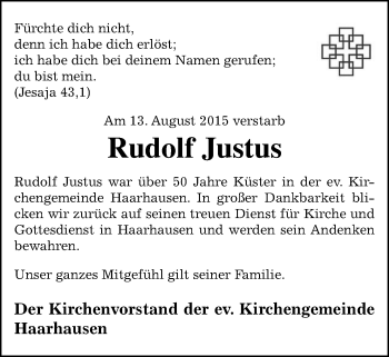 Traueranzeige von Rudolf Justus von Alsfelder Allgemeine