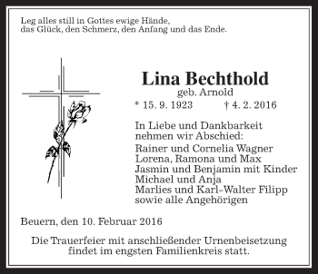 Traueranzeige von Lina Bechthold von Gießener Allgemeine, Alsfelder Allgemeine