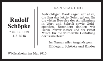 Traueranzeige von Rudolf Schöpke von Wetterauer Zeitung, Wetterauer Zeitung