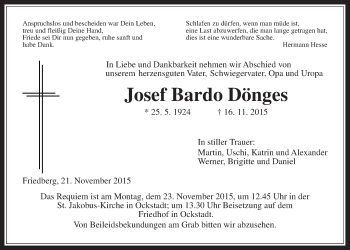 Traueranzeige von Josef Bardo Dönges von Wetterauer Zeitung, Wetterauer Zeitung