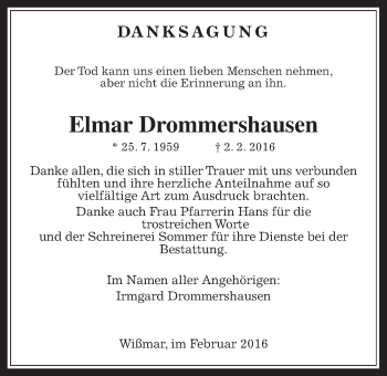 Traueranzeige von Elmar Drommershausen von Gießener Allgemeine, Alsfelder Allgemeine
