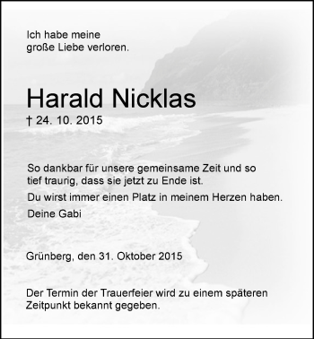 Traueranzeige von Harald Nicklas von Gießener Allgemeine, Alsfelder Allgemeine